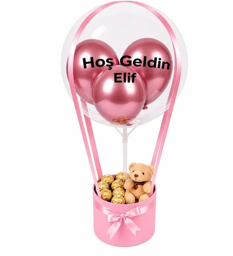 Balonlu Gold Fındıklı Çikolatalı Peluşlu Pembe Kutu - Amasya çiçek siparişi