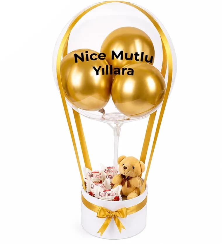 Balonlu Raffaello Peluşlu Çikolatalı Beyaz Kutu Gold - Osmaniye çiçek siparişi