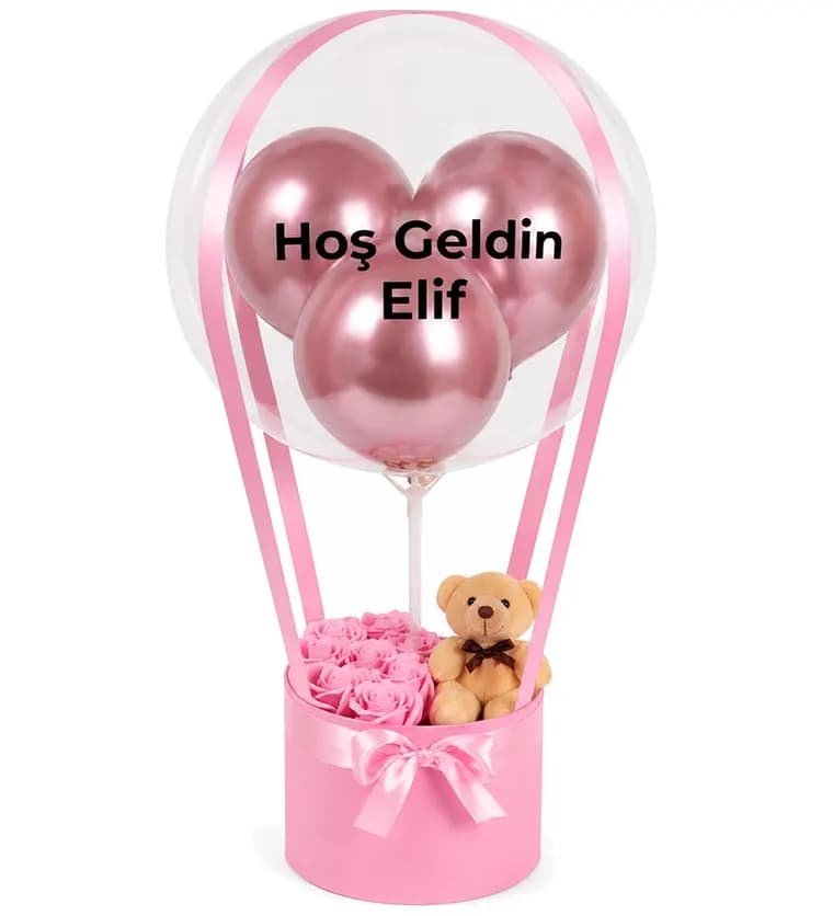 Balonlu Yuvarlak Pembe Kutuda Ayıcıklı Yapay Pembe Gül - Iğdır çiçek siparişi