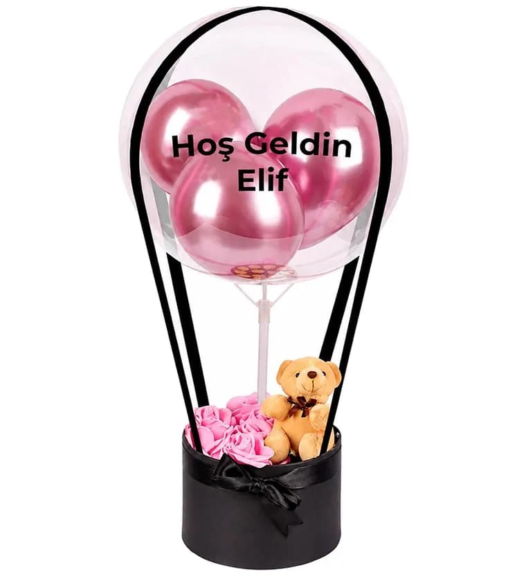 Balonlu Yuvarlak Siyah Kutuda Ayıcıklı Yapay Pembe Gül - Osmaniye çiçek siparişi
