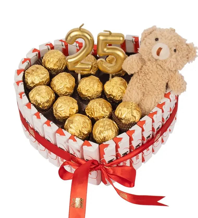 Afyonkarahisar Kinder Kaplı Kalp Gold Fındıklı Çikolata Peluşlu Mumlu Siparişi